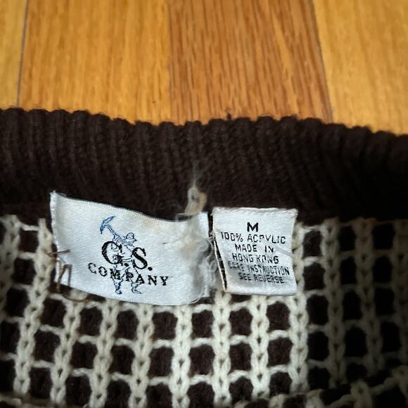 Vintage Chunky Knit Sweater Brown White Checkered Pattern Retro Pullover GS Co. - Picture 2 of 8